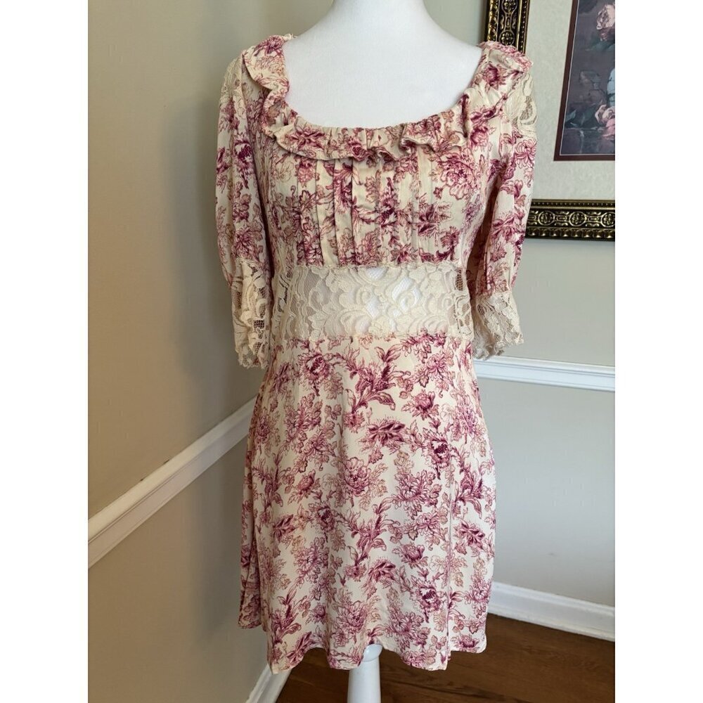 NWOT Free People Womens Size 6 Lucie Mini Dress Pink Floral Open Back Lace Trim